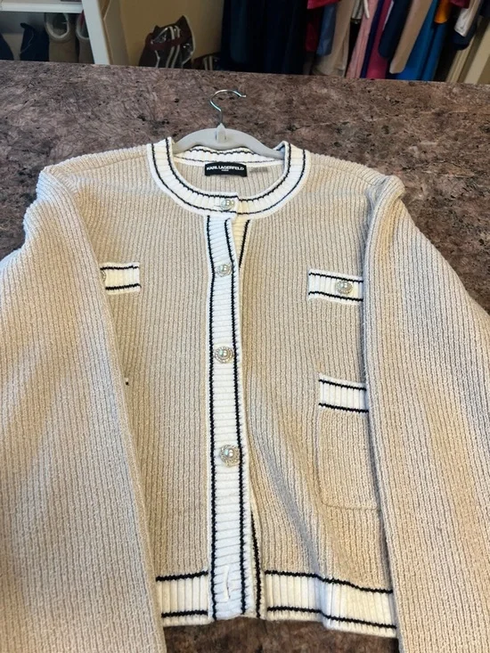 Karl Lagerfeld Beige Knit Cardigan with Black & White Trim - Picture 5 of 6